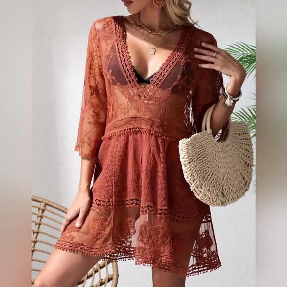 2/$50 NEW Elegant Sexy Rust Color Lace Cover-Up Dress (#1,344) - Picture 1 of 6